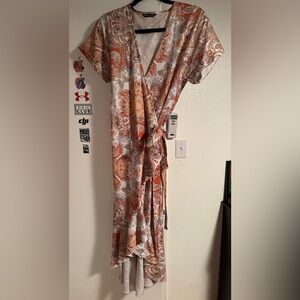 Orange and White Paisley Wrap Dress